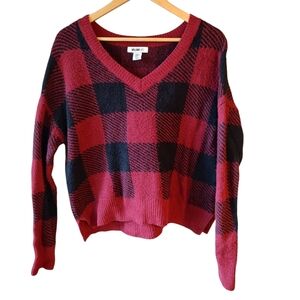 William Rast Red and Black Buffalo Check Long Sleeve V-neck Sweater Size Medium